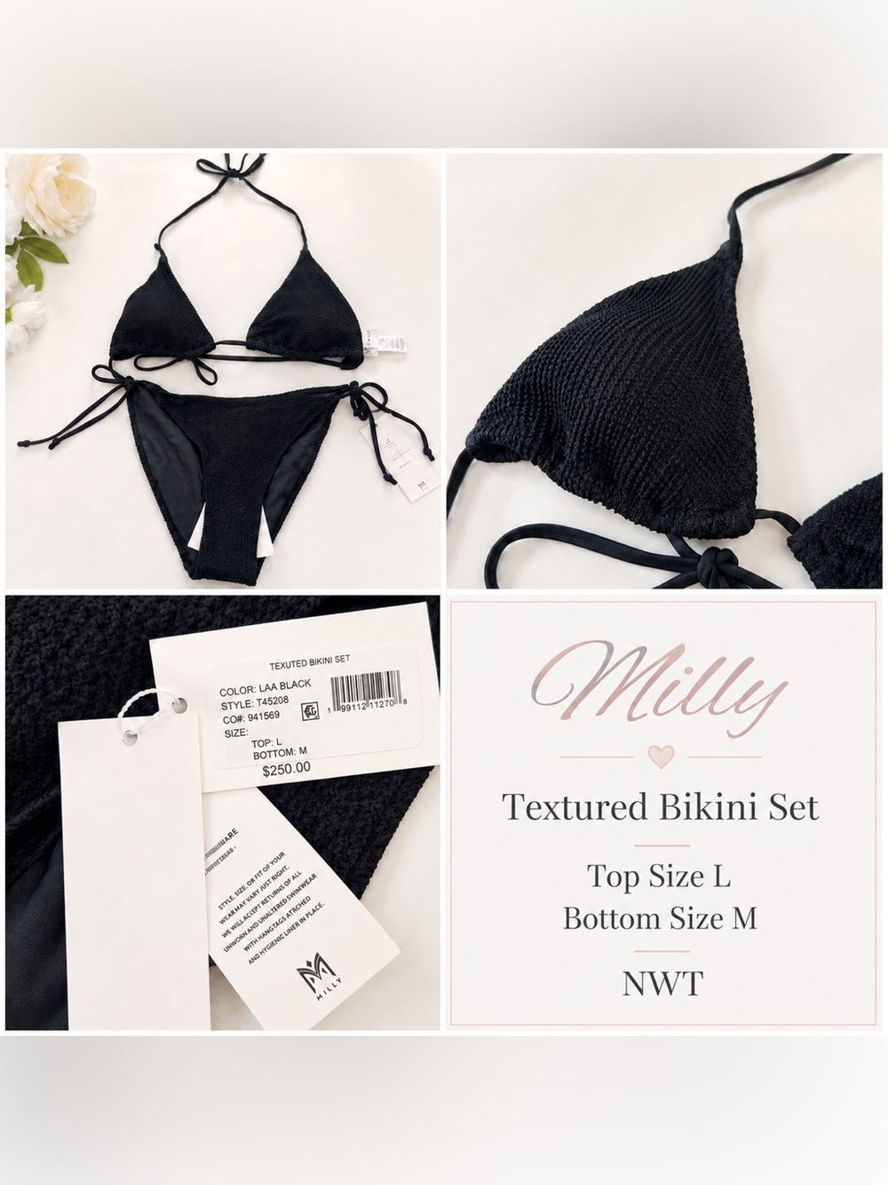 Milly Textured Black Bikini Set NWT Top L Bottom M
